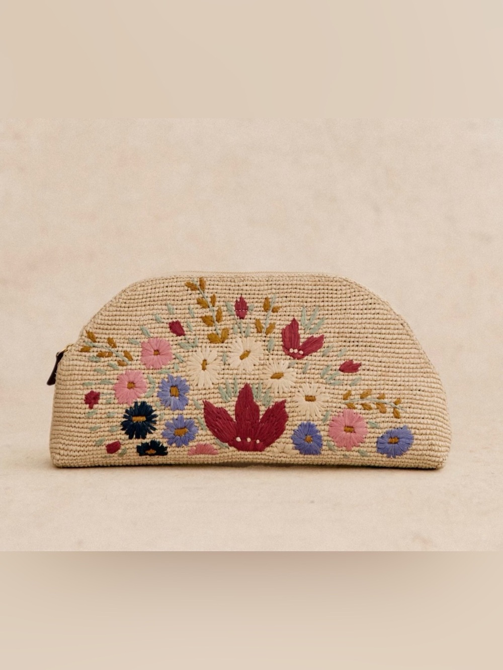 Sezane Simone Pouch in Natural Raffia with Multicolor Floral Embroidery NWT